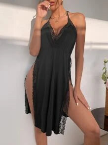 contrast lace slit thigh halter neck backless nightdress