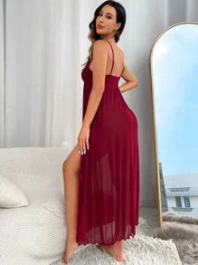 tie shoulder slit thigh mesh pajama nightdress long dress