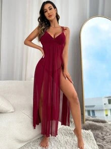 tie shoulder slit thigh mesh pajama nightdress long dress