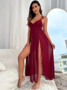 tie shoulder slit thigh mesh pajama nightdress long dress