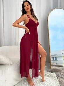 tie shoulder slit thigh mesh pajama nightdress long dress