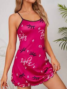 eyelash & letter graphic lettuce trim cami pajama nightdress