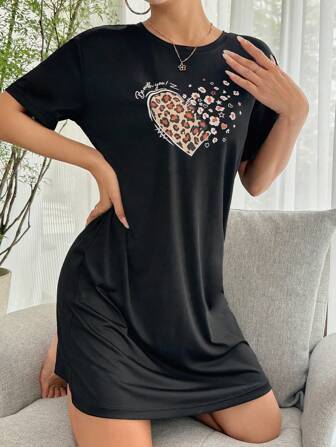 women summer short sleeve casual sleep dress pajama dress with letter and heart print