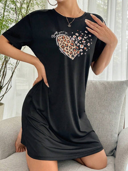 Women Summer Short Sleeve Casual Sleep Dress Pajama Dress With Letter And Heart Print