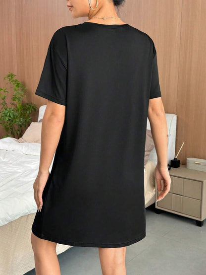 Women Summer Short Sleeve Casual Sleep Dress Pajama Dress With Letter And Heart Print