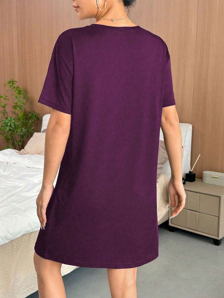 women summer short sleeve casual sleep dress pajama dress with letter and heart print