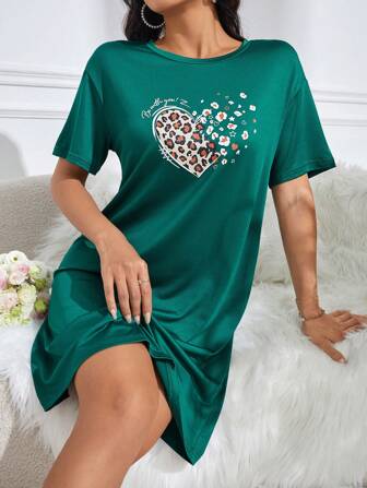 women summer short sleeve casual sleep dress pajama dress with letter and heart print