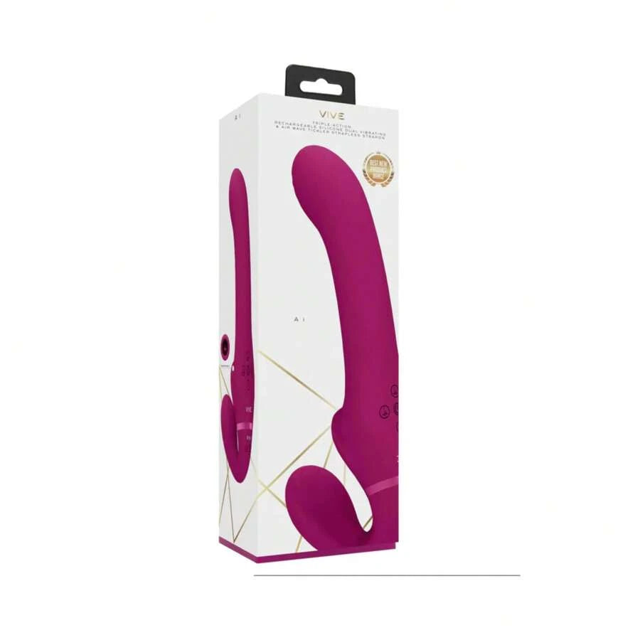 vive ai rechargeable dual vibrating & air wave tickler silicone strapless strapon